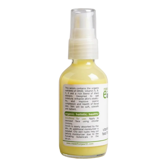 Made from Earth Vitamin Enhanced Face Firming Serum with DMAE, Vitamins A, B, C, E, and alpha lipoic acid. Yellow serum in a pump bottle.