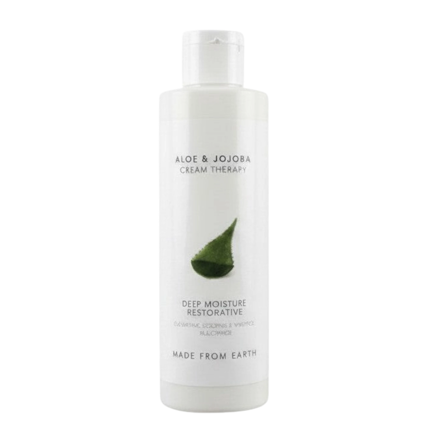 Made from Earth Aloe & Jojoba Cream Therapy Deep Moisture Restorative lotion in a white bottle with green aloe leaf graphic.