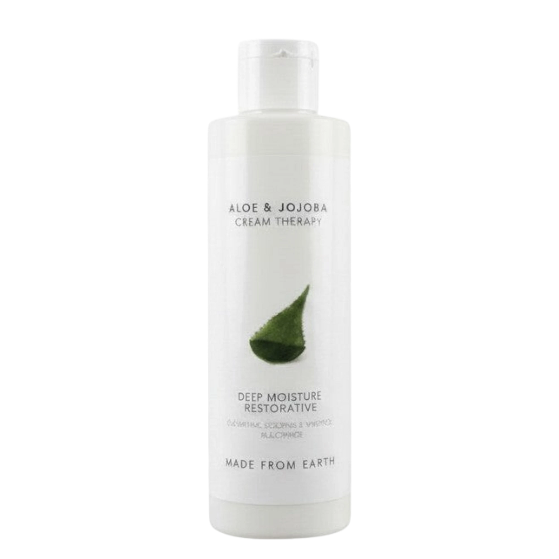 Made from Earth Aloe & Jojoba Cream Therapy Deep Moisture Restorative lotion in a white bottle with green aloe leaf graphic.
