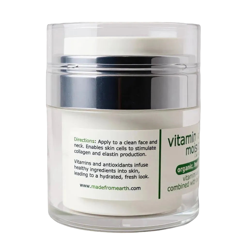 Made from Earth Vitamin Enhanced Moisturizer in a clear pump jar with organic ingredients for radiant skin.