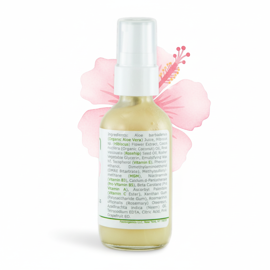 Made from Earth Rosehip + Hibiscus Facial Serum for soft, smooth, sensitive skin. Moisturizing serum with aloe vera, rosehip oil, and hibiscus extract.
